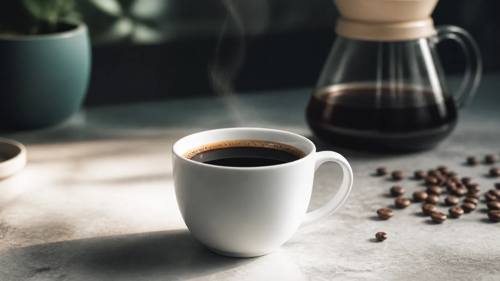 Single white cup of black filter coffee resting on a pale stone countertop in soft morning window light, thin steam rising
