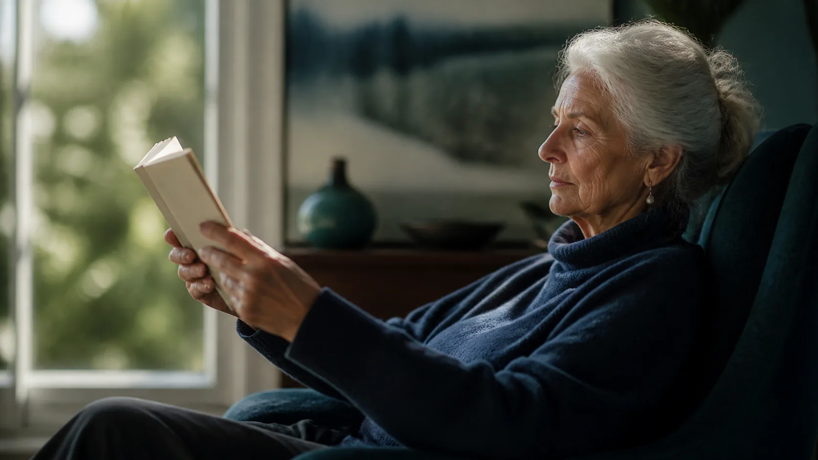 Older person reading a paperback by a bright window, holding it a little further away than they once would