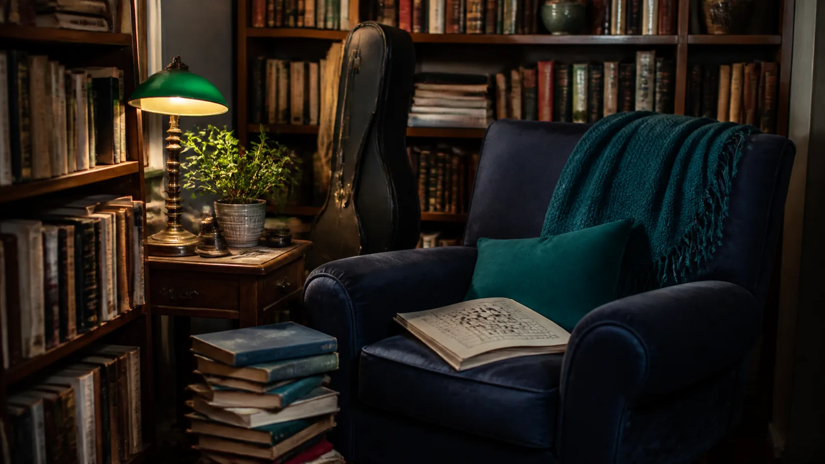 Well-used personal library corner: crowded shelves, a violin case