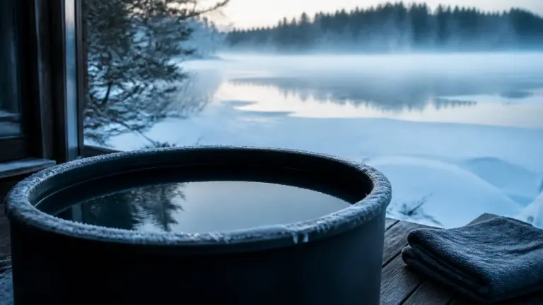 Dark cold-plunge tub of still water with a thin crust of ice at its rim