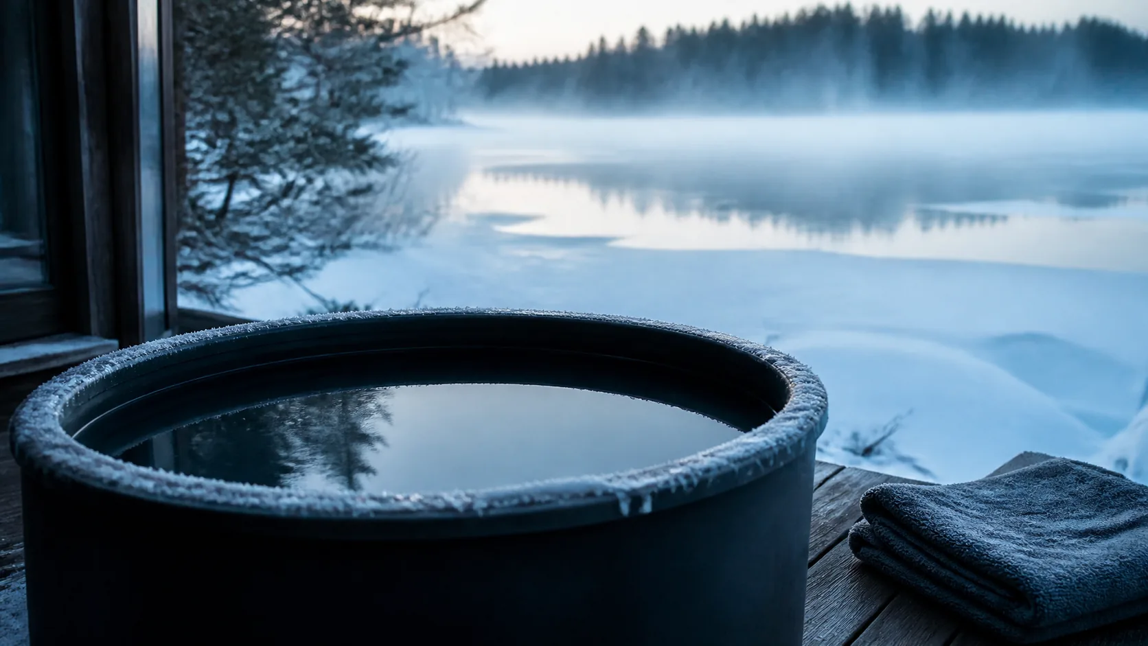 Dark cold-plunge tub of still water with a thin crust of ice at its rim