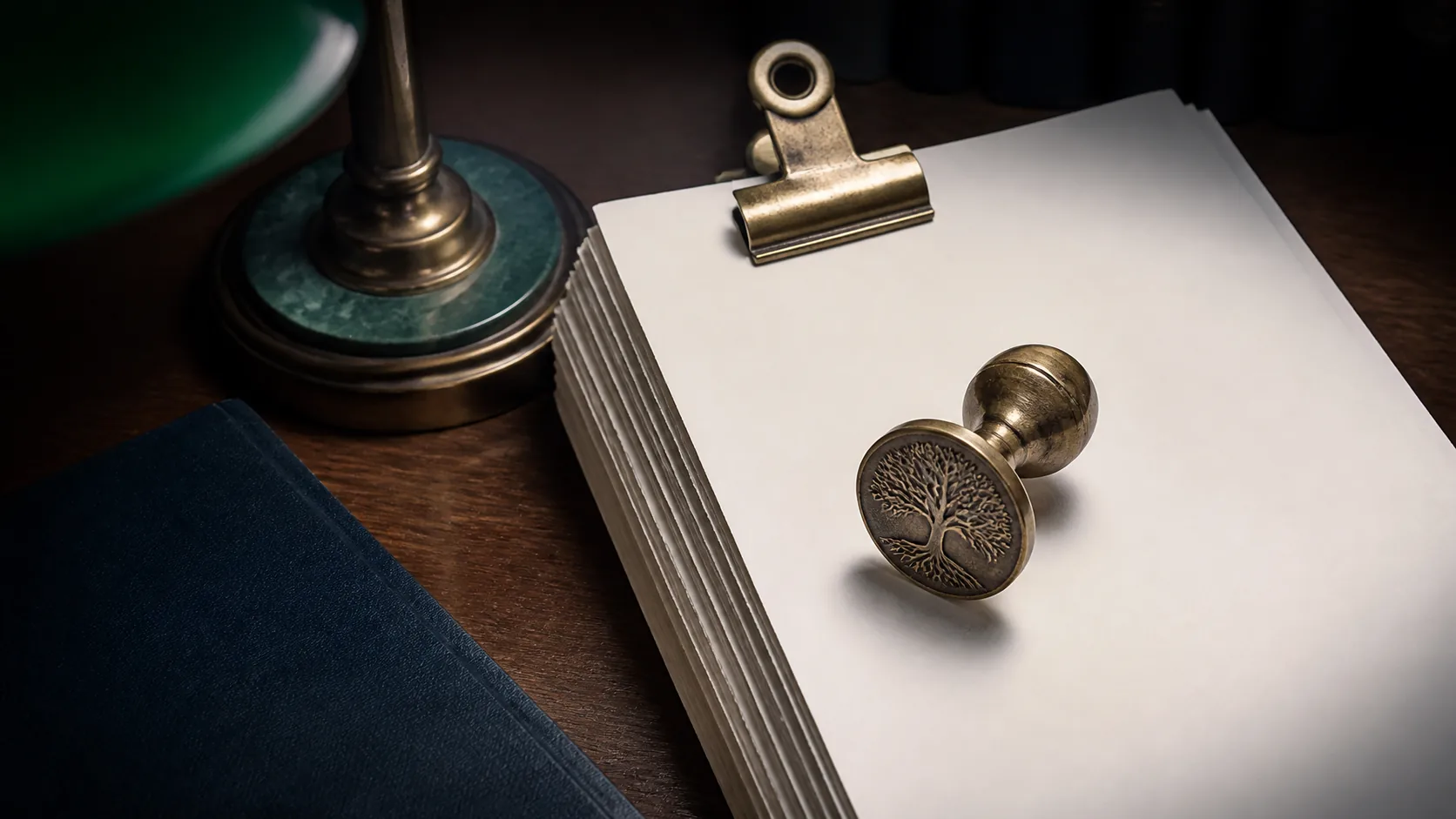 Brass letterpress stamp and a stack of printed manuscript pages held by a bulldog clip on a dark walnut desk