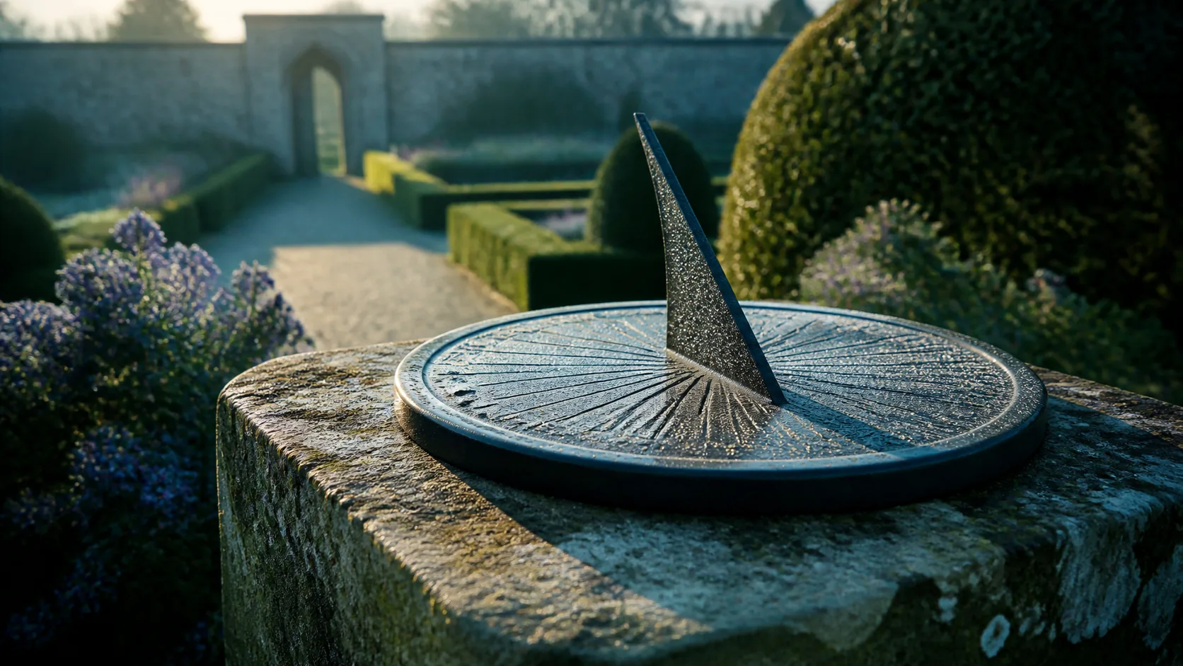 Sundial on a stone plinth in a walled garden casting a sharp morning shadow, dew on the bronze, cool early light