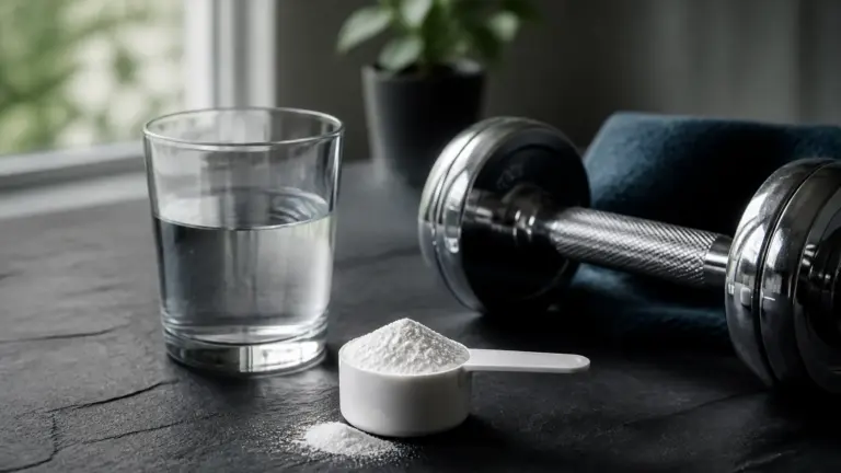 Photoreal editorial still life of a white measuring scoop of fine white creatine monohydrate powder resting on a matte dar...