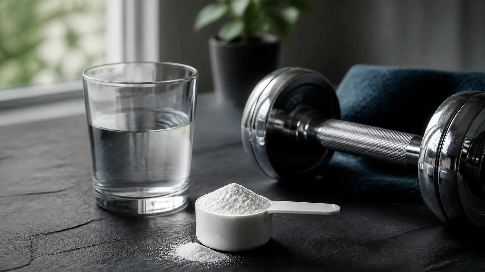 Photoreal editorial still life of a white measuring scoop of fine white creatine monohydrate powder resting on a matte dar...
