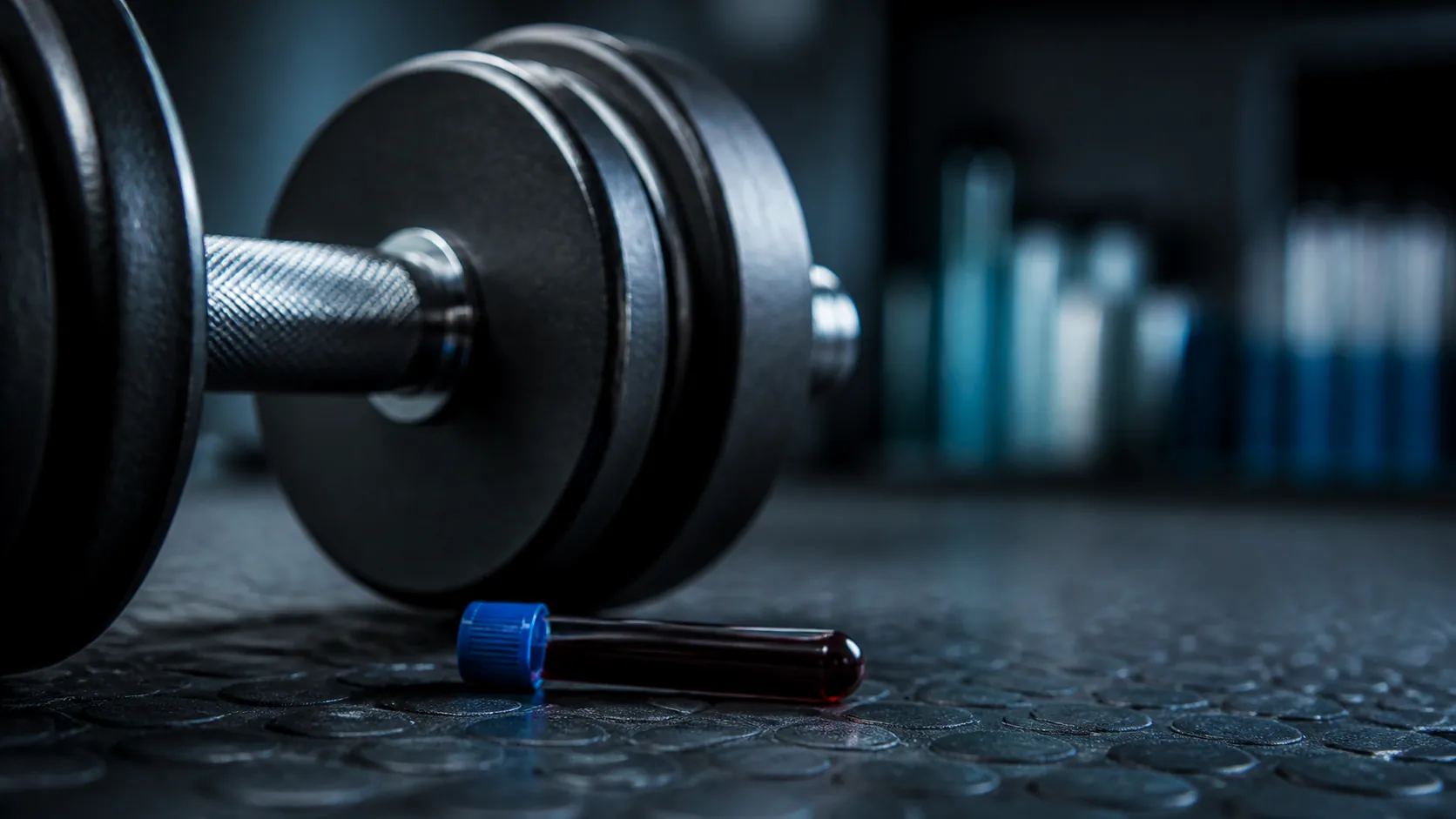 Steel gym dumbbell resting on a rubber floor beside a small capped blood tube, low side light, cold industrial palette