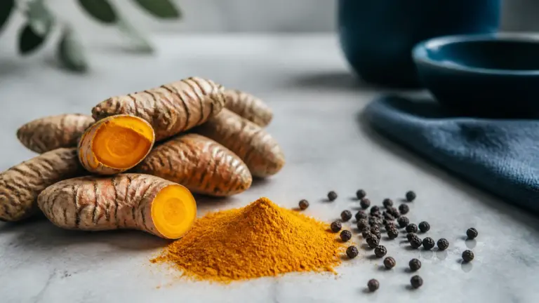 Fresh turmeric rhizomes cut open beside a small mound of vivid golden-yellow turmeric powder and a scattering of black pep...