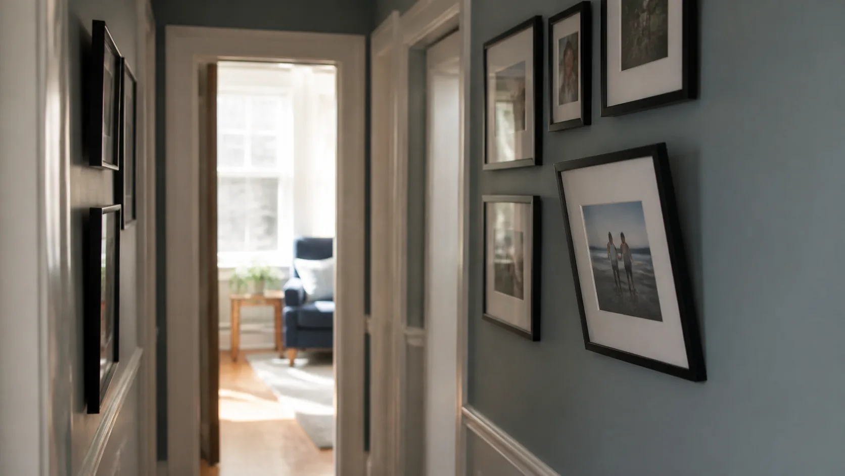 Hallway of a family home with framed photographs on the wall, one frame hanging slightly crooked