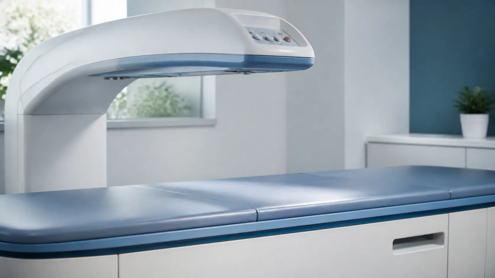 DXA scanner arm suspended above an empty padded table in a bright imaging suite, pale blue vinyl and white panels