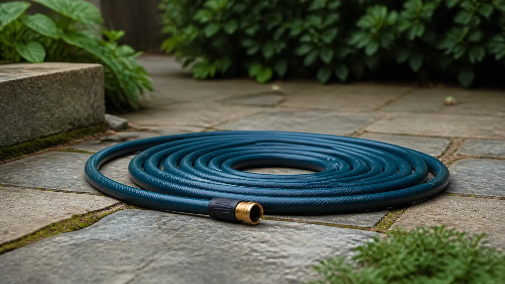 Garden hose lying coiled and still on a stone patio, water pressure holding it firm without flow, soft overcast light
