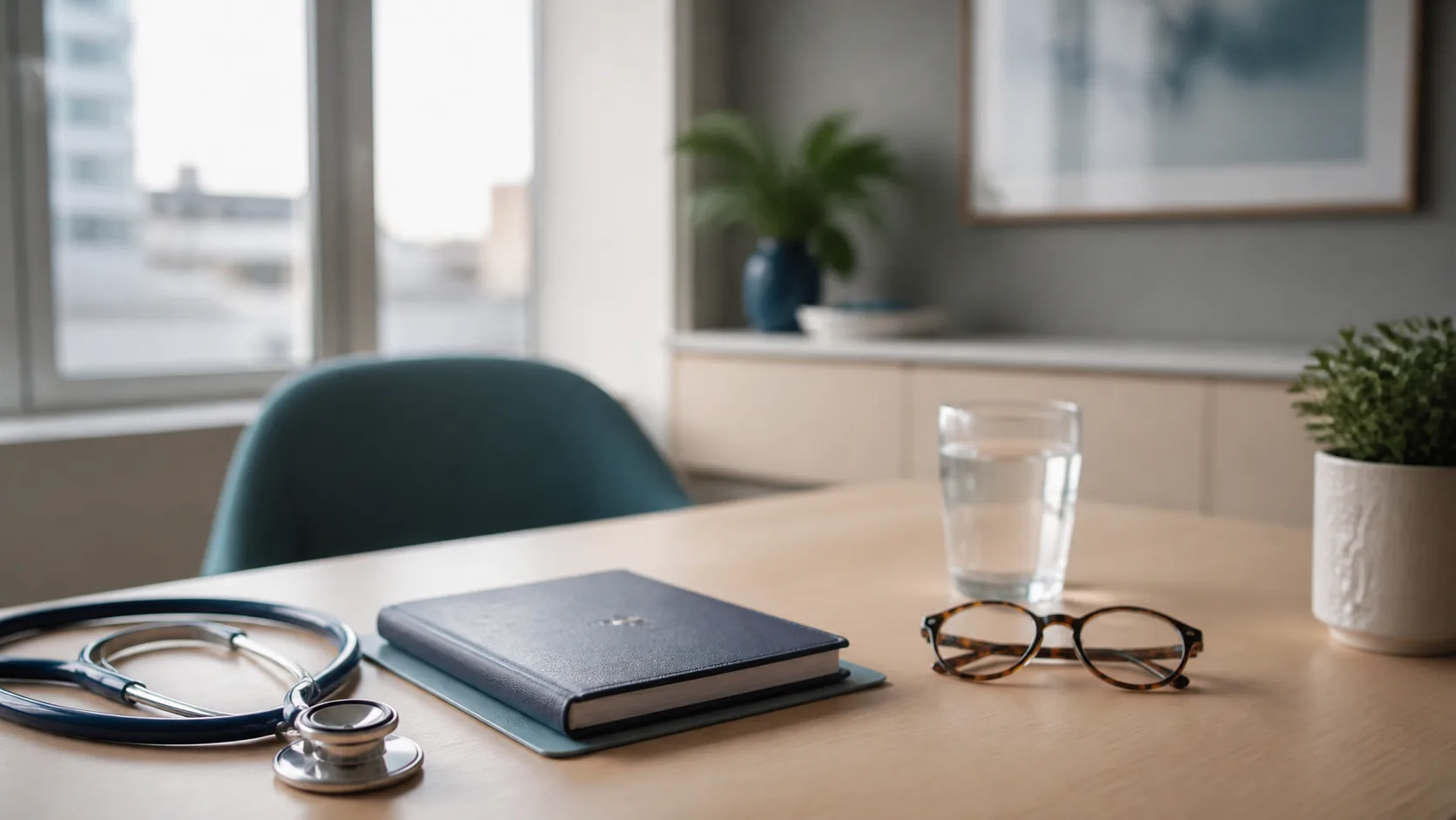 Quiet clinic consultation desk photographed in soft morning daylight, with a stethoscope resting beside a closed notebook