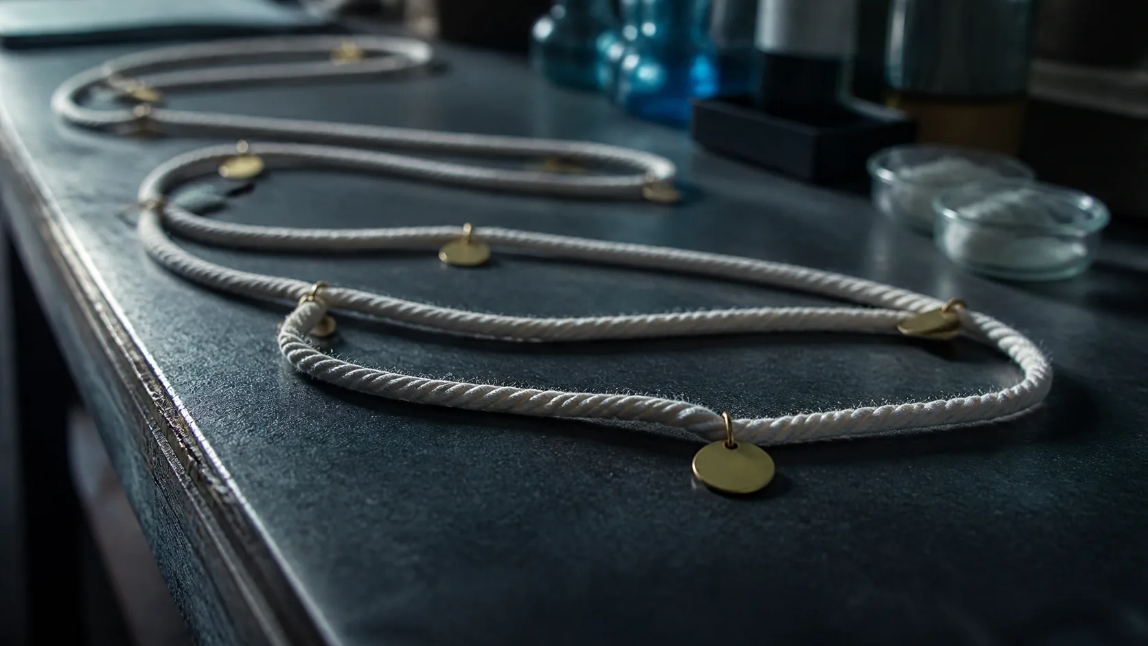 Long strand of white cotton rope on a dark bench with small brass tags clipped at intervals along it, macro