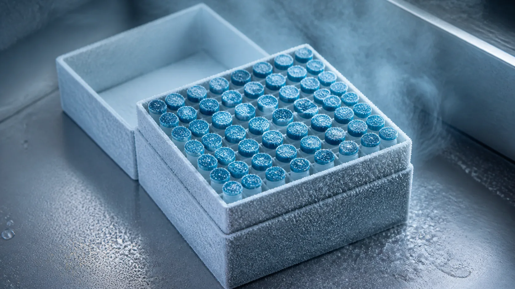 Laboratory freezer box of small capped cryovials seen from above on frosted steel, condensation curling off the cold surface