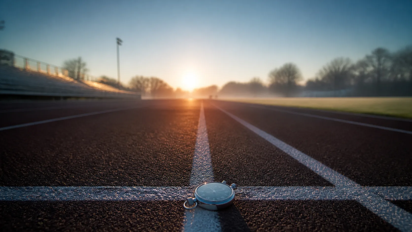 Running track viewed straight down a lane at dawn, a stopwatch lying on the start line, long shadows, cool morning air