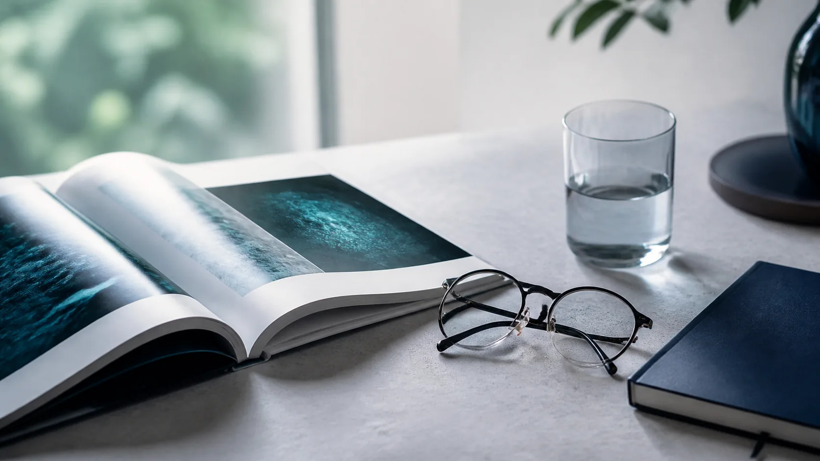 Photoreal editorial still life on a pale grey desk: an open peer-reviewed journal beside a pair of reading glasses