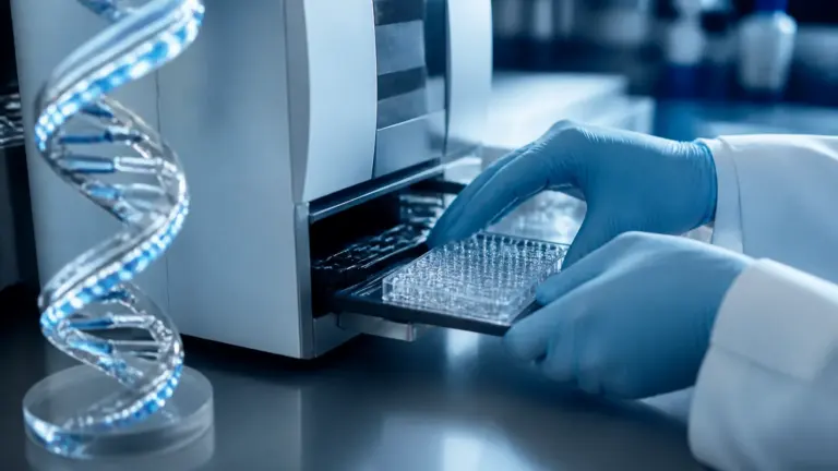Photoreal editorial close-up of a laboratory bench where a gloved technician's hands load a clear microplate of DNA sample...