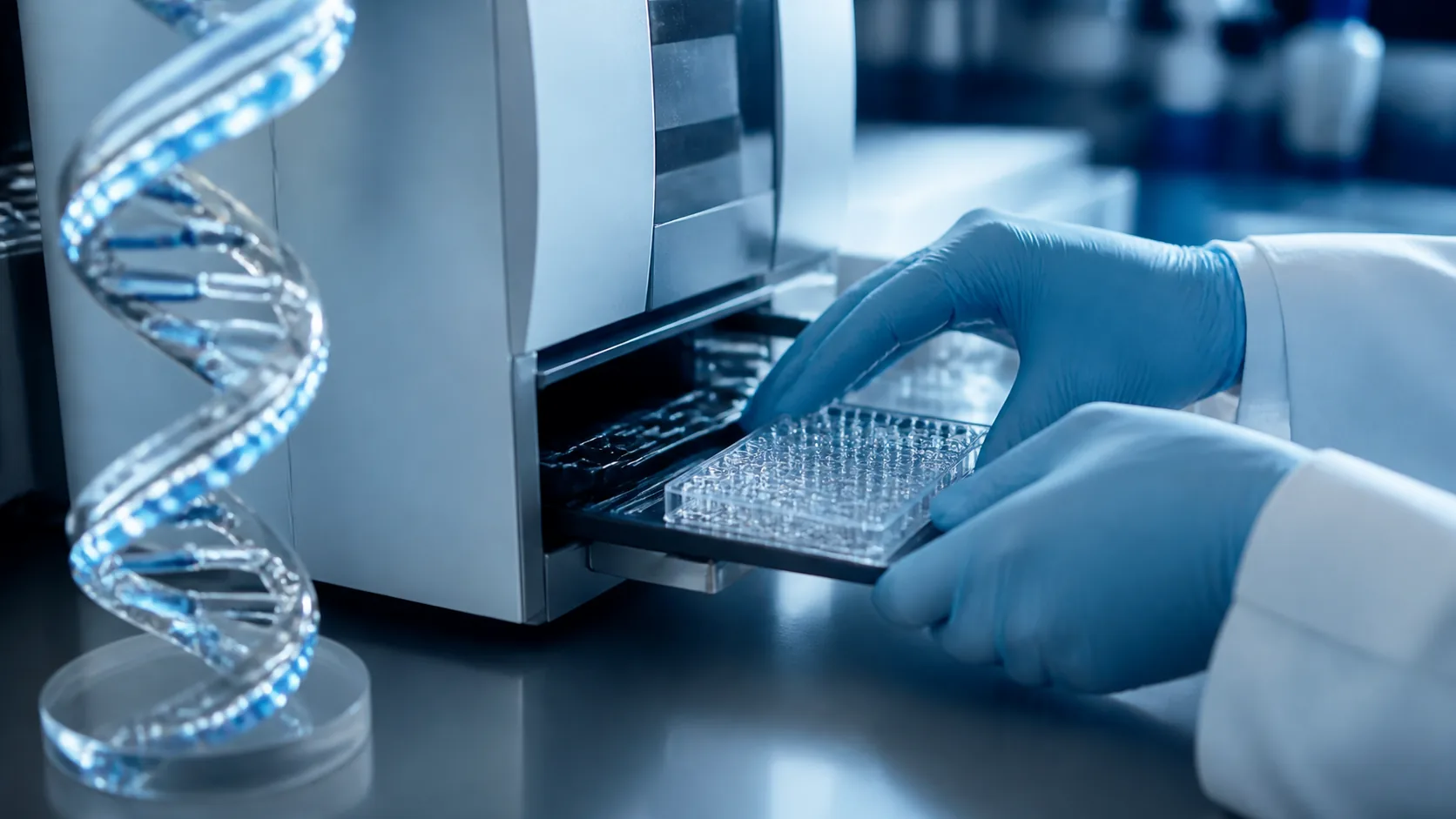 Photoreal editorial close-up of a laboratory bench where a gloved technician's hands load a clear microplate of DNA sample...