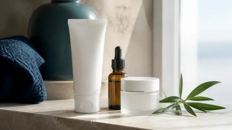 Photoreal editorial still life on a pale limestone bathroom shelf beside a bright window: an unbranded matte white sunscre...