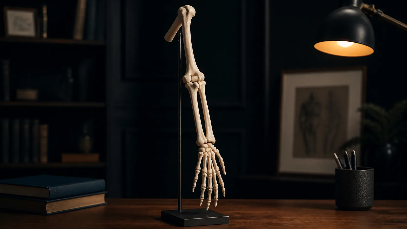 Anatomical teaching skeleton's forearm and hand mounted on a stand in a study room, dark background, single warm lamp