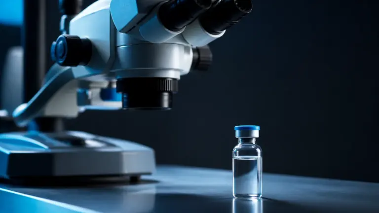 Photoreal editorial still life of an ophthalmic surgical microscope and a single small glass vial of clear gene therapy so...