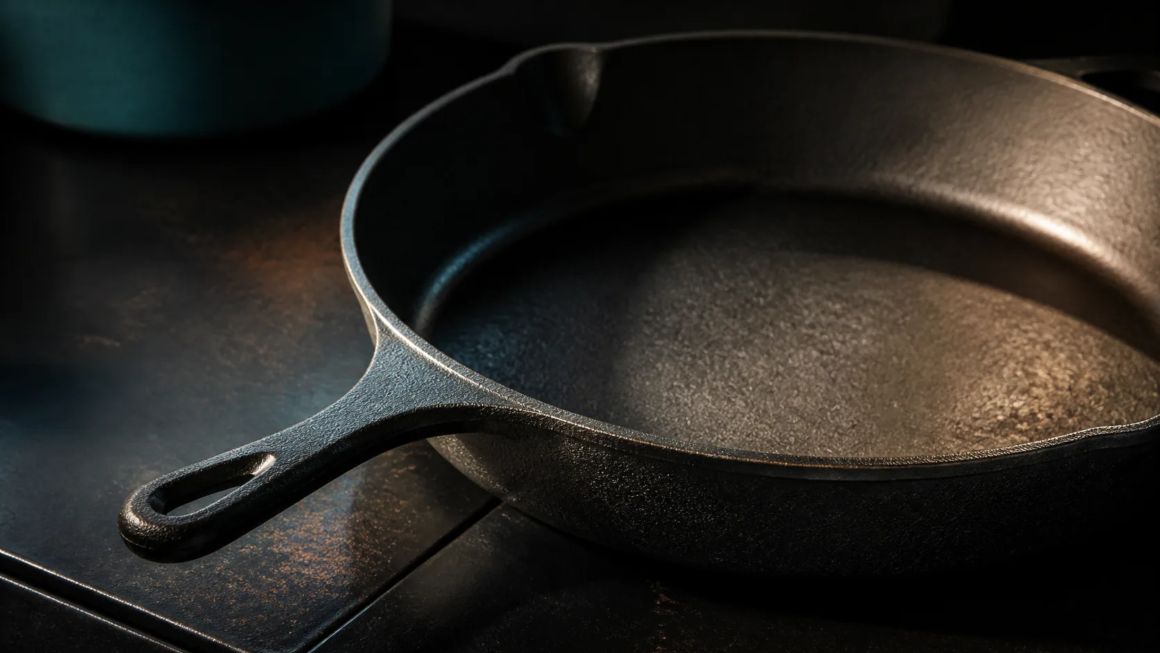Cast-iron skillet on a dark stove top with a dusting of rust in one corner