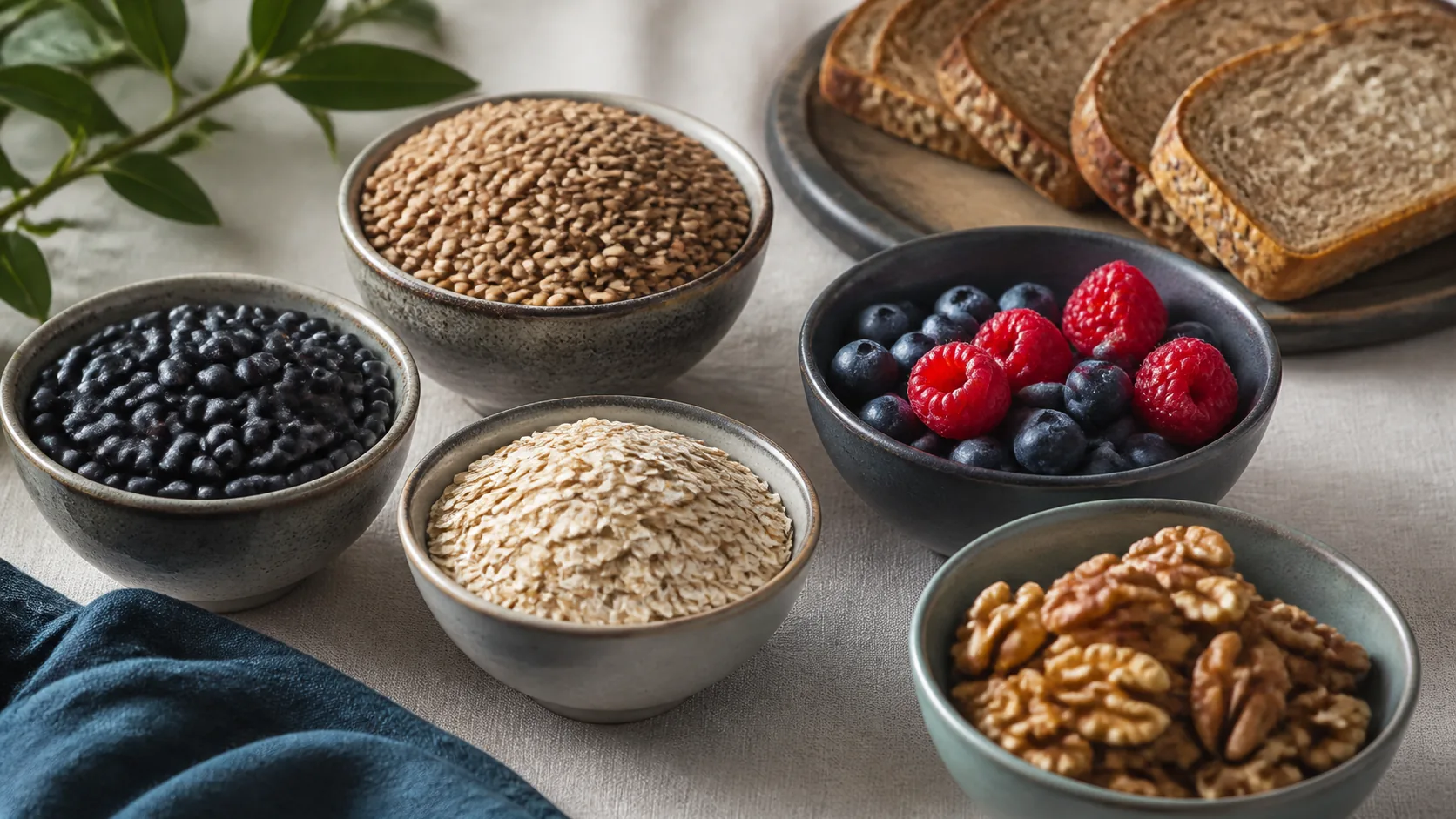 Photoreal editorial still life of lentils, black beans, rolled oats, whole-grain bread