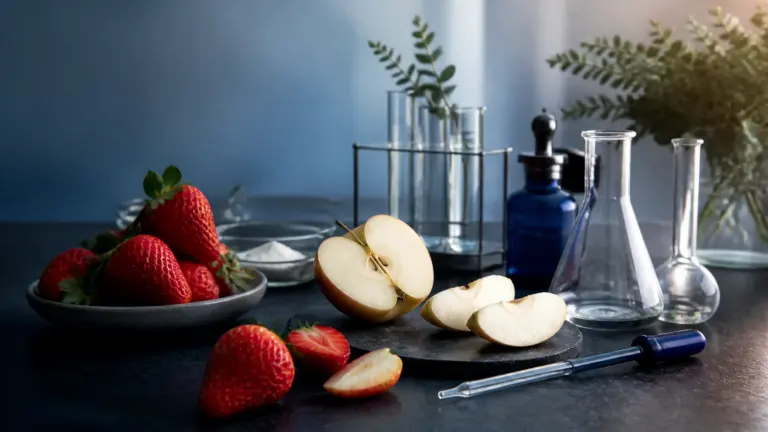 Photoreal editorial still life of fresh strawberries and sliced apple arranged on a matte dark stone surface next to clean...