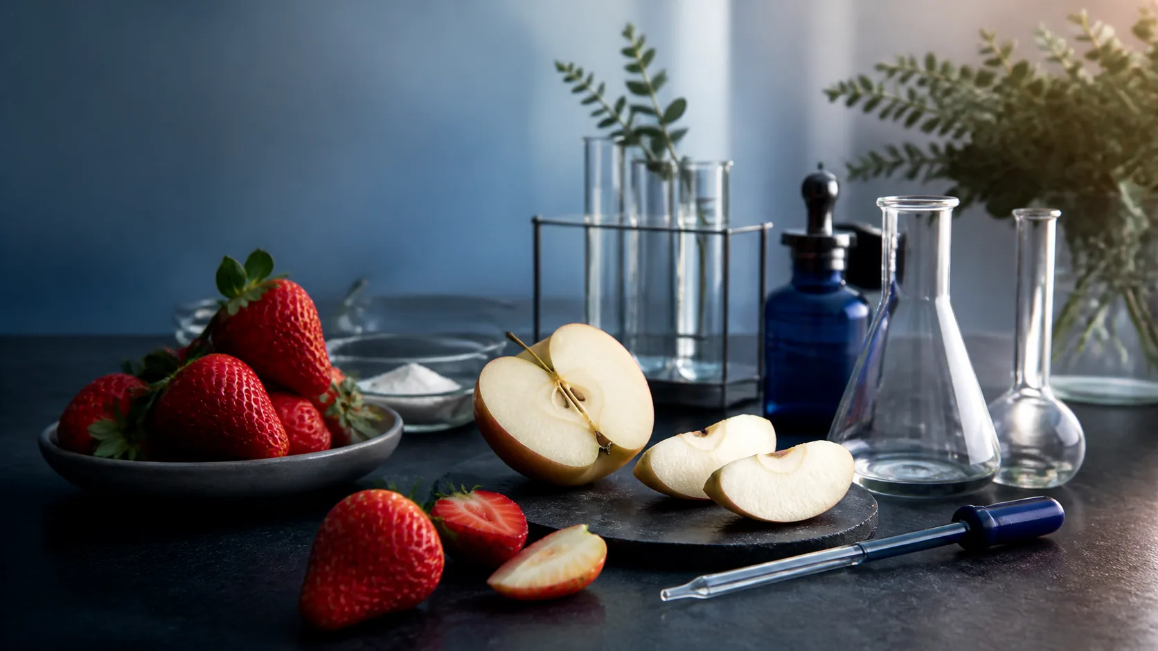 Photoreal editorial still life of fresh strawberries and sliced apple arranged on a matte dark stone surface next to clean...