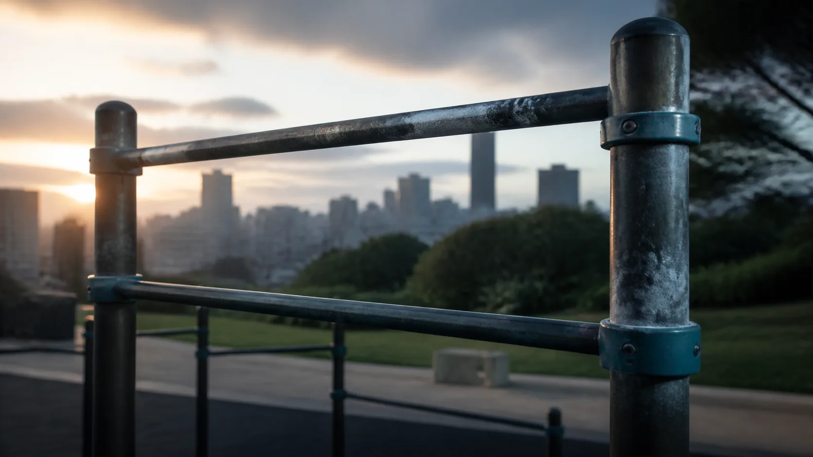 Outdoor calisthenics bar in a city park at dawn, chalk dust on the steel, empty and waiting