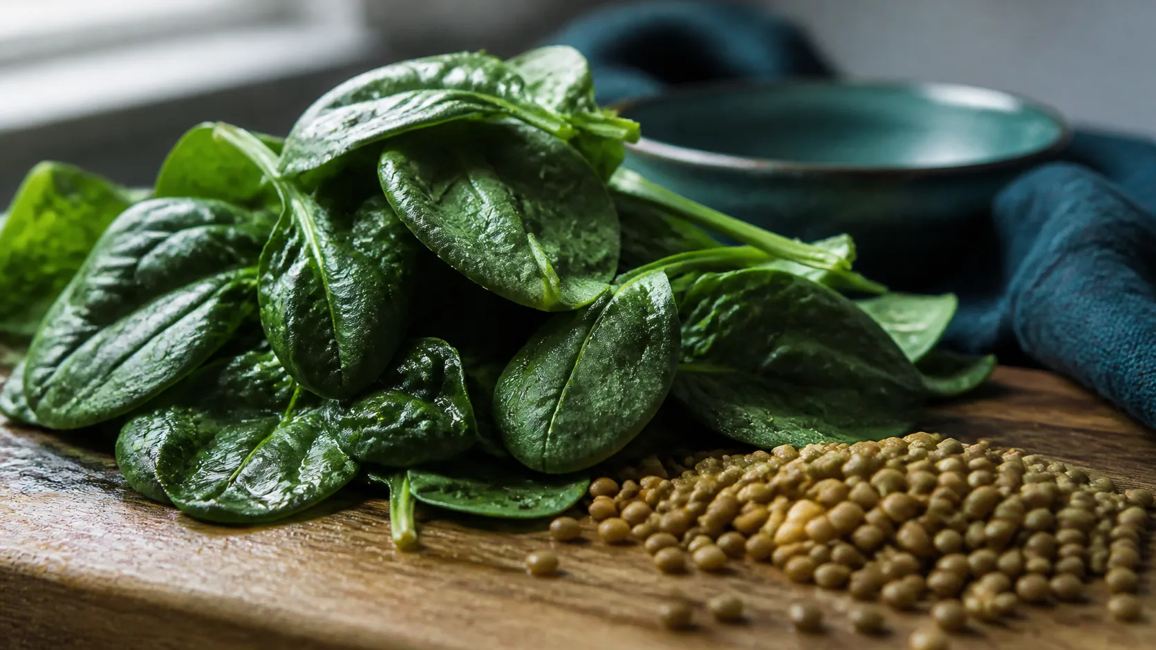 Bunch of fresh dark green spinach leaves and a handful of lentils on a scrubbed wooden board, damp from washing