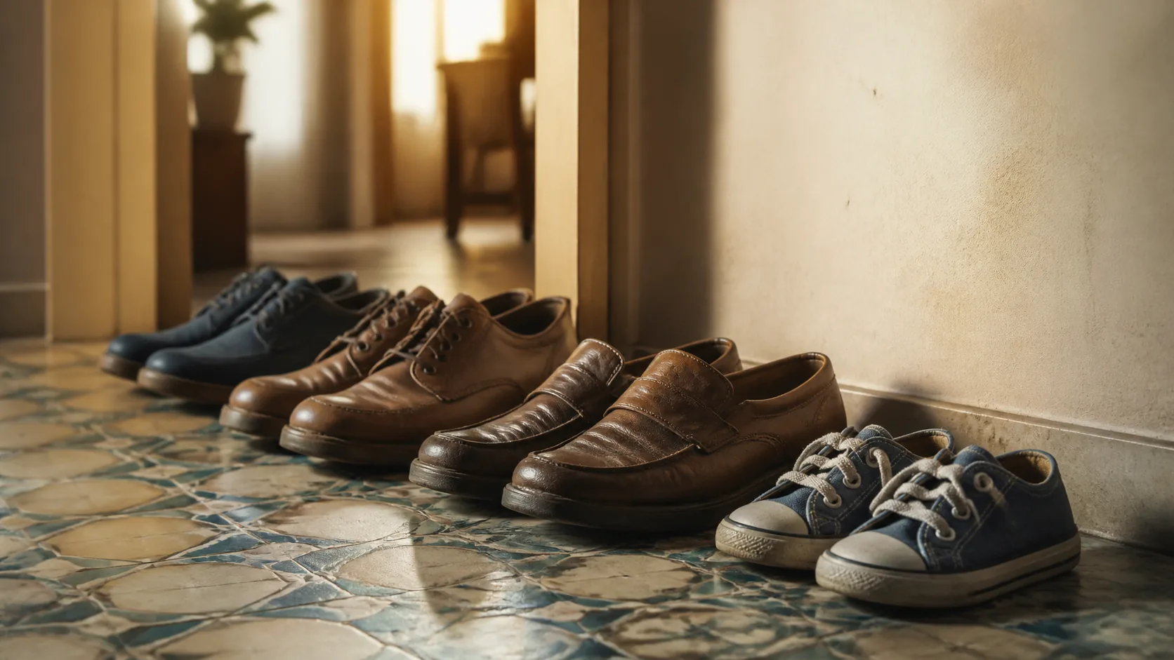 Three generations of one family's shoes lined up in a hallway, adult, elderly and child
