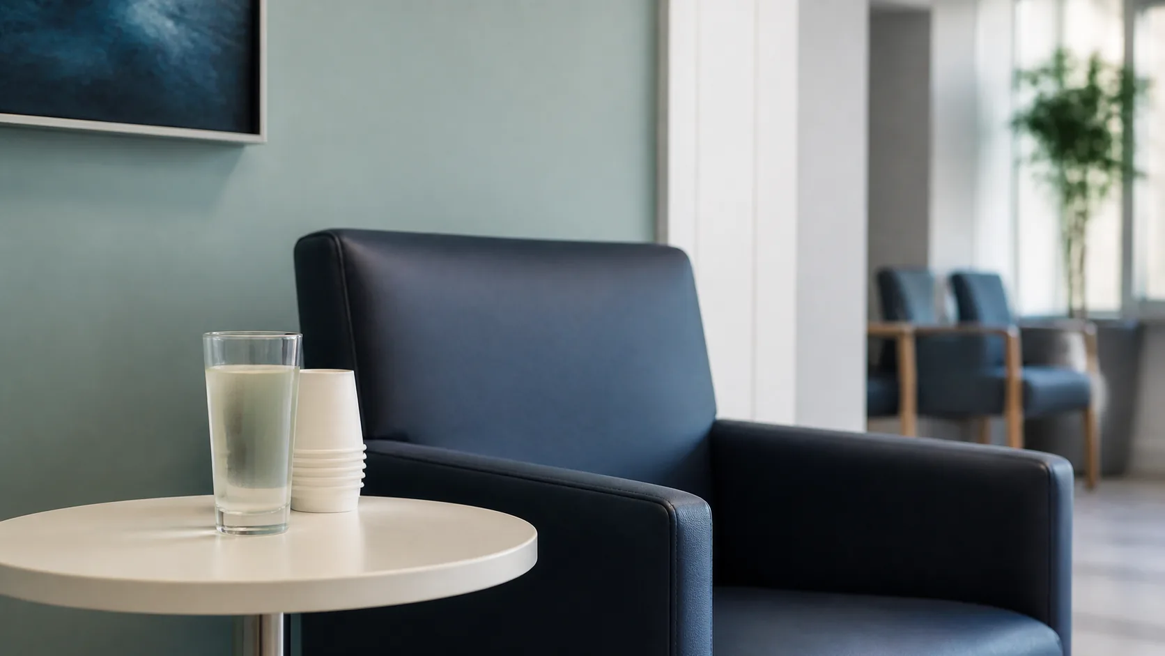 Clear glass of a pale sweet drink and a small stack of paper cups on a clinic side table beside an empty waiting-room chair