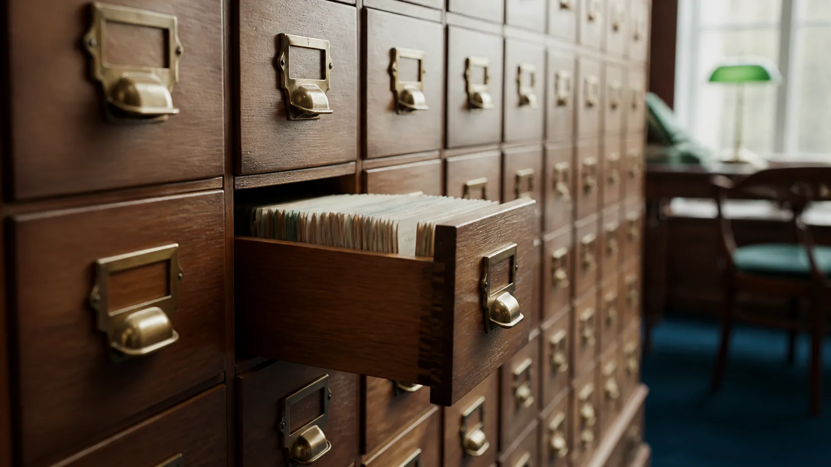 Wall of narrow wooden card-catalogue drawers with polished brass label frames