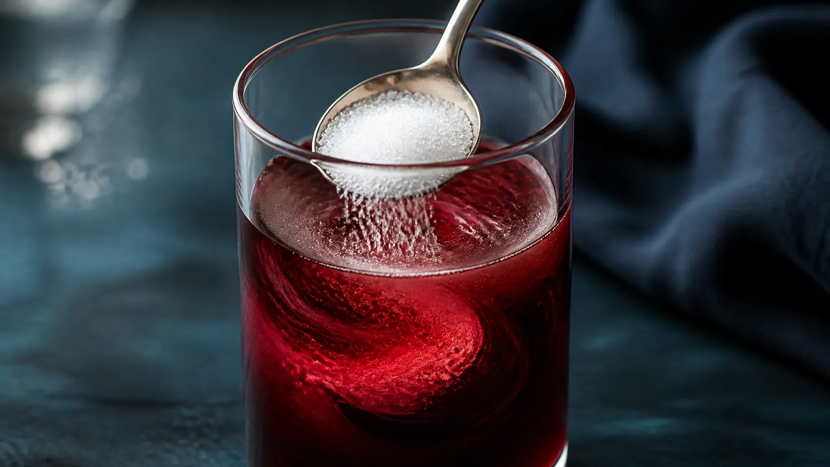 Spoonful of granulated sugar being stirred slowly into a dark red liquid in a clear glass, macro mid-swirl