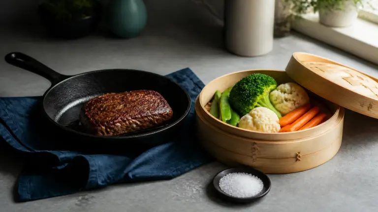 Photoreal editorial still life on a pale grey stone kitchen counter: a dark cast-iron pan holding one deeply browned seare...