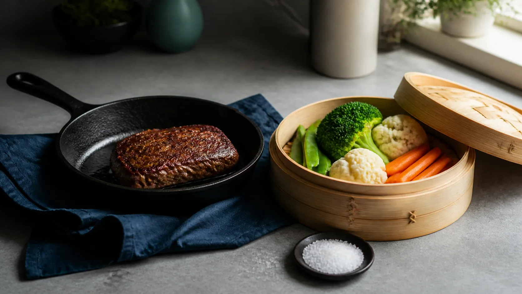 Photoreal editorial still life on a pale grey stone kitchen counter: a dark cast-iron pan holding one deeply browned seare...