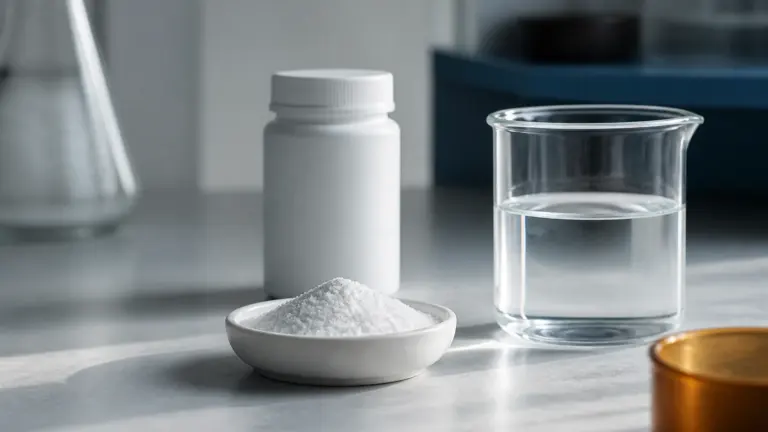 Shallow white ceramic dish of fine white crystalline amino acid powder next to a clear glass beaker of water and a plain u...