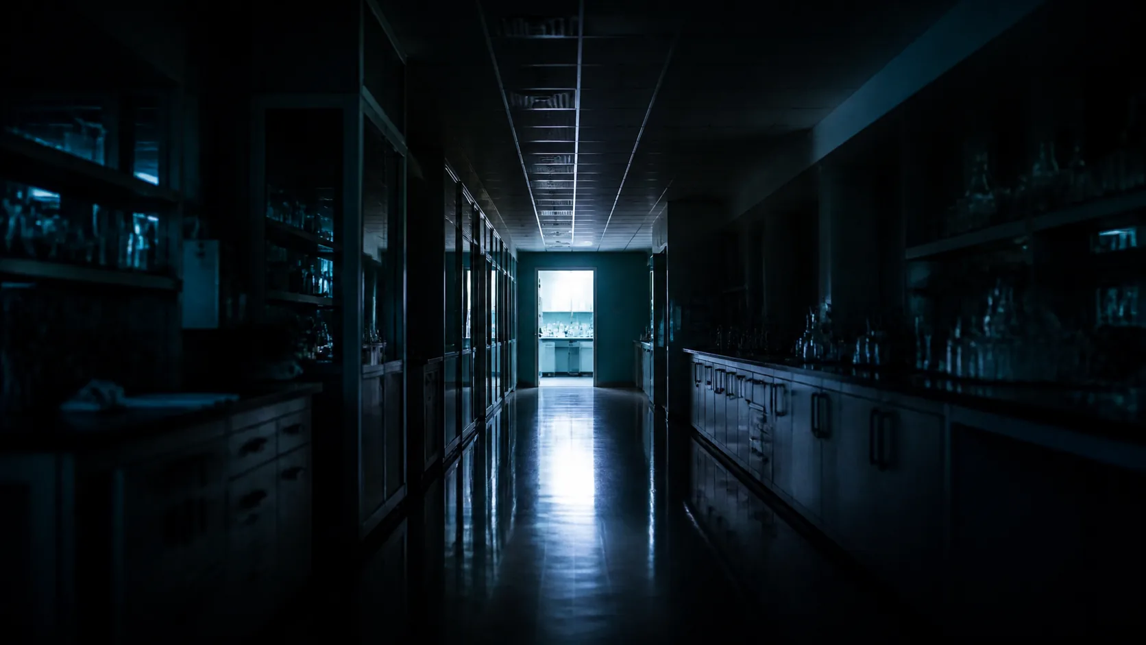 Dark laboratory corridor at night with a single lit doorway at the far end, polished floor reflecting the light
