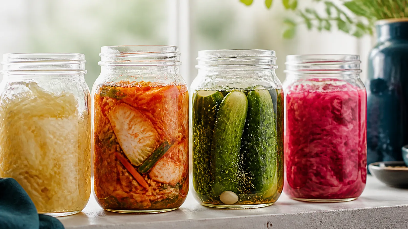 Row of open jars of fermenting vegetables, sauerkraut, kimchi and pickles, on a pale kitchen shelf, backlit