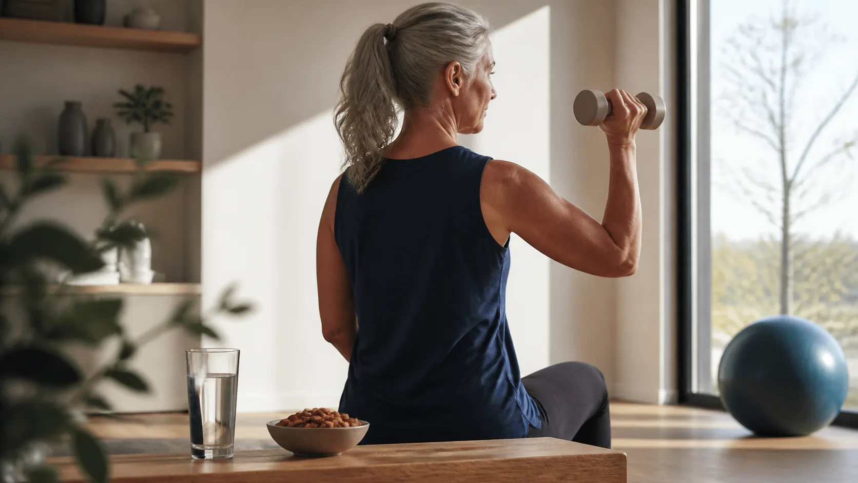 Photoreal editorial image of a woman in her fifties seen from behind in soft profile silhouette