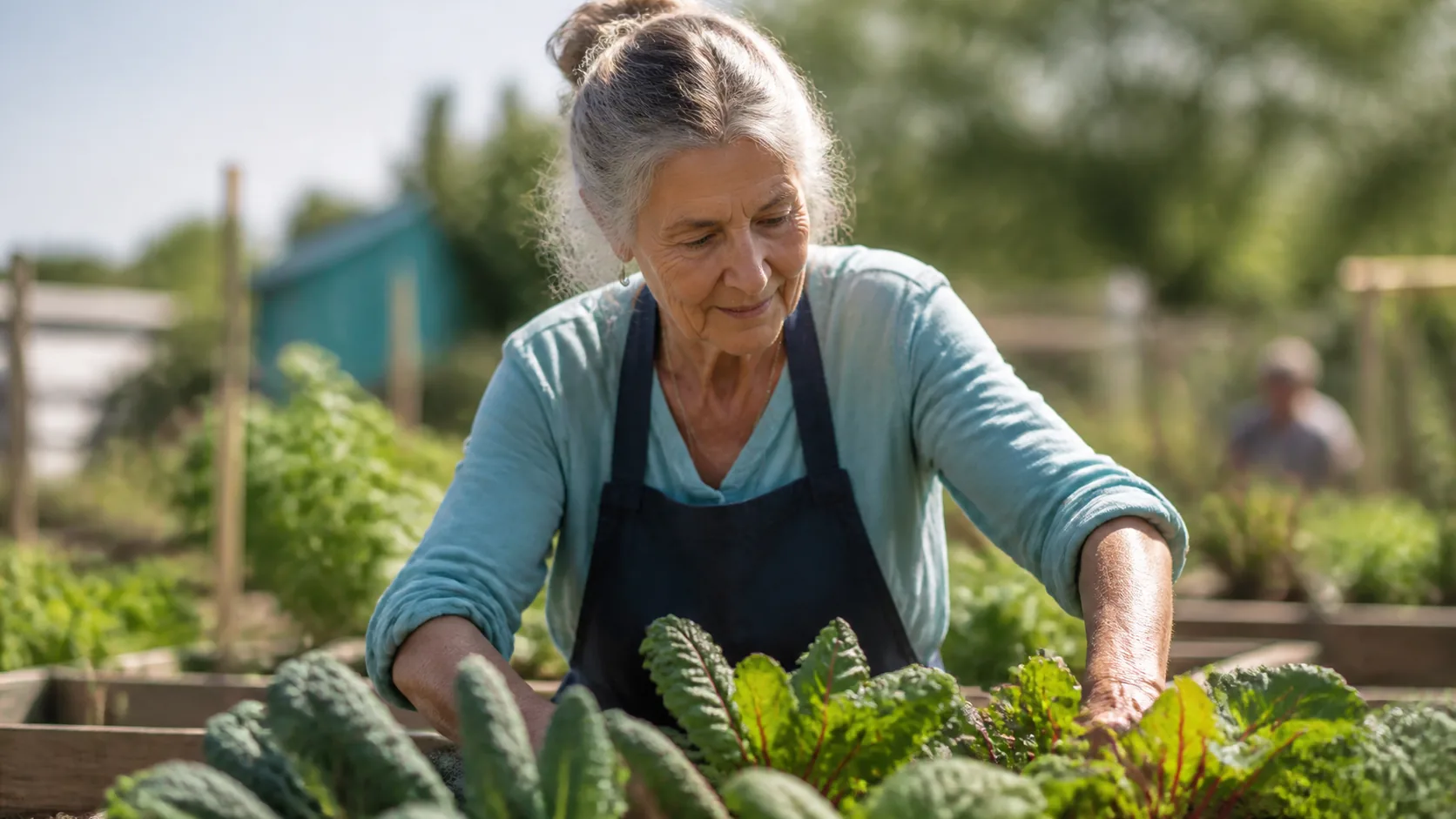 Active older woman tending a raised vegetable bed in a community garden, sleeves rolled, unhurried and capable
