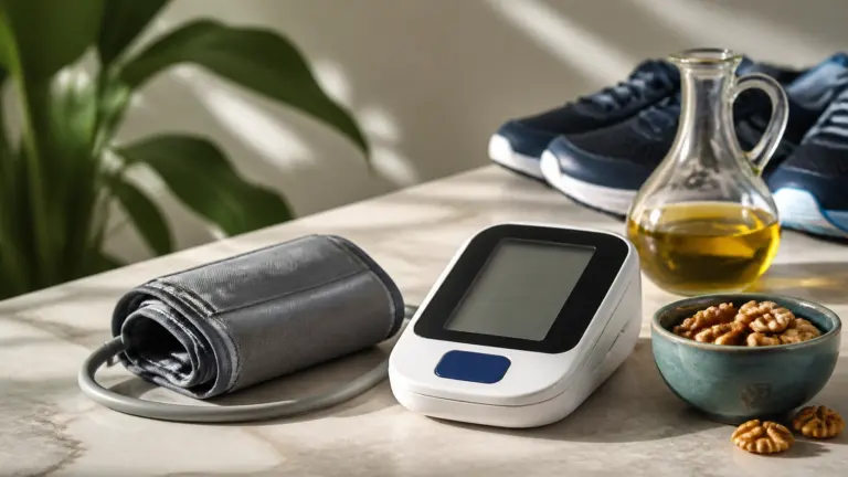 Photoreal editorial still life of an automatic home blood pressure monitor with its grey cuff resting on a pale limestone ...