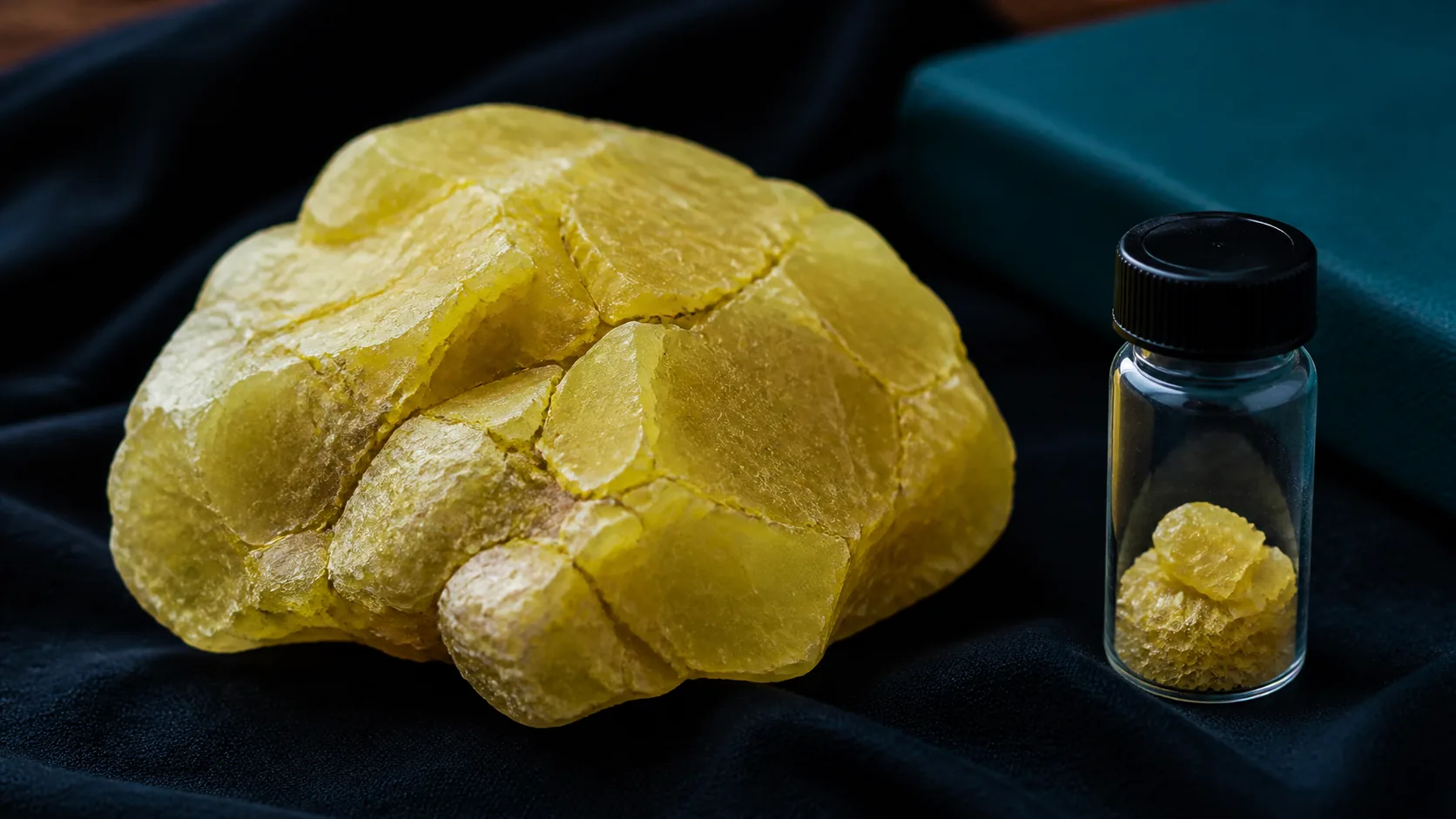 Cracked yellow sulfur mineral specimen on a black cloth beside a small clear vial, museum-study lighting, sharp macro texture