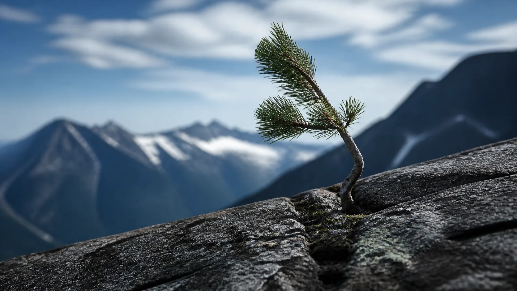 Young pine sapling growing from a crack in bare volcanic rock, bent by wind but firmly rooted, cold clear mountain light