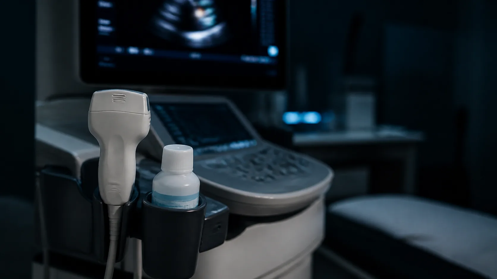 Cardiac ultrasound probe resting in its holder on a wheeled echocardiography cart in a darkened examination room