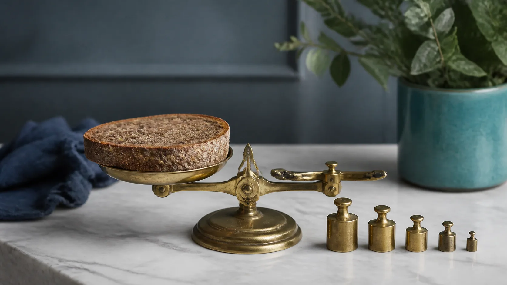 Small brass kitchen balance holding a single slice of dark bread against a set of graduated weights on a marble counter