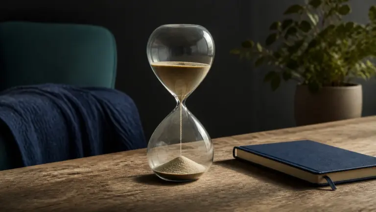 Hourglass with fine pale sand mid-flow standing on a weathered oak table beside a closed notebook
