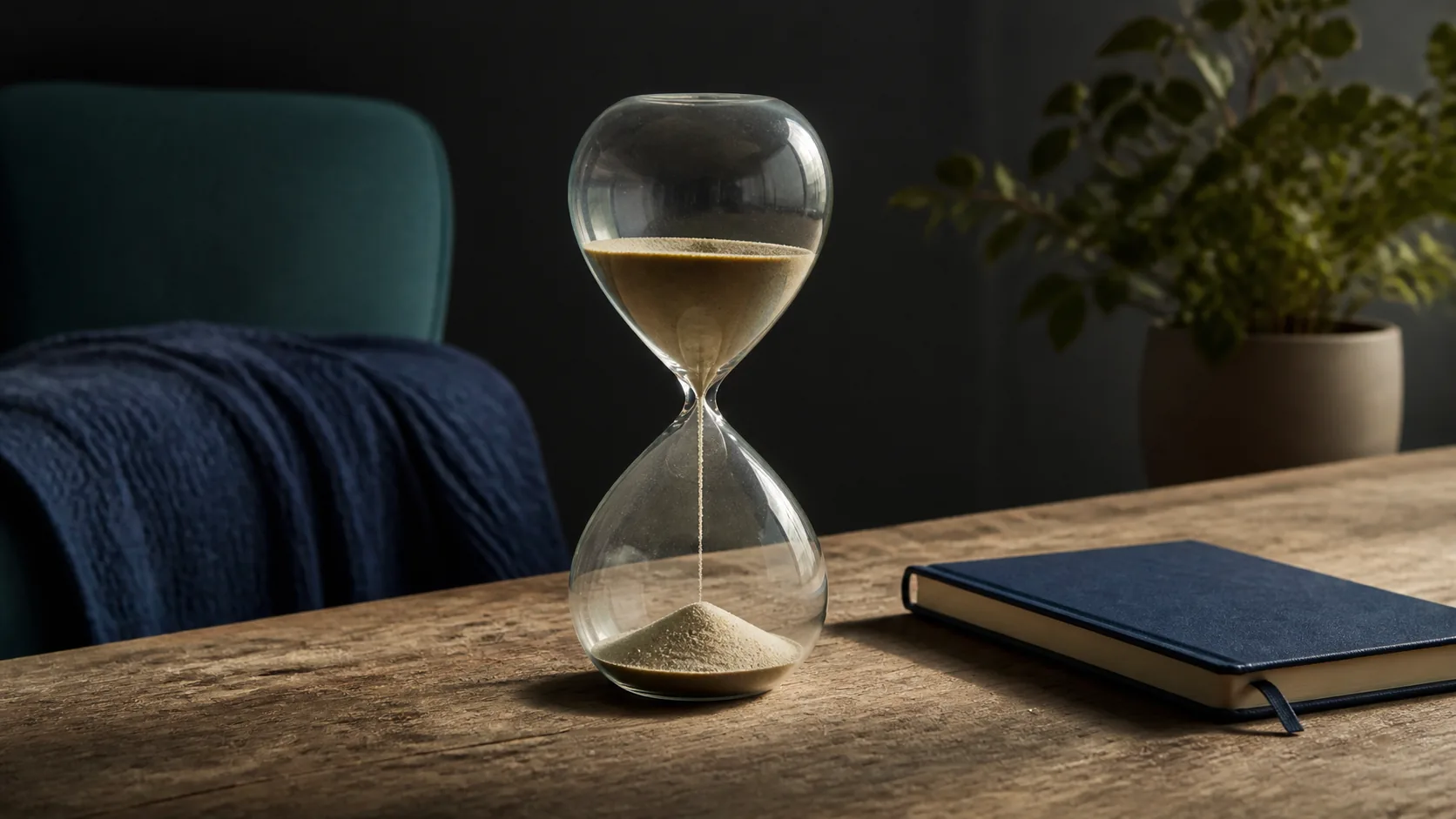 Hourglass with fine pale sand mid-flow standing on a weathered oak table beside a closed notebook