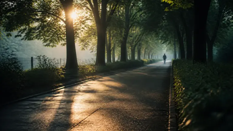 Photoreal editorial hero image of an empty tree-lined park path at early morning