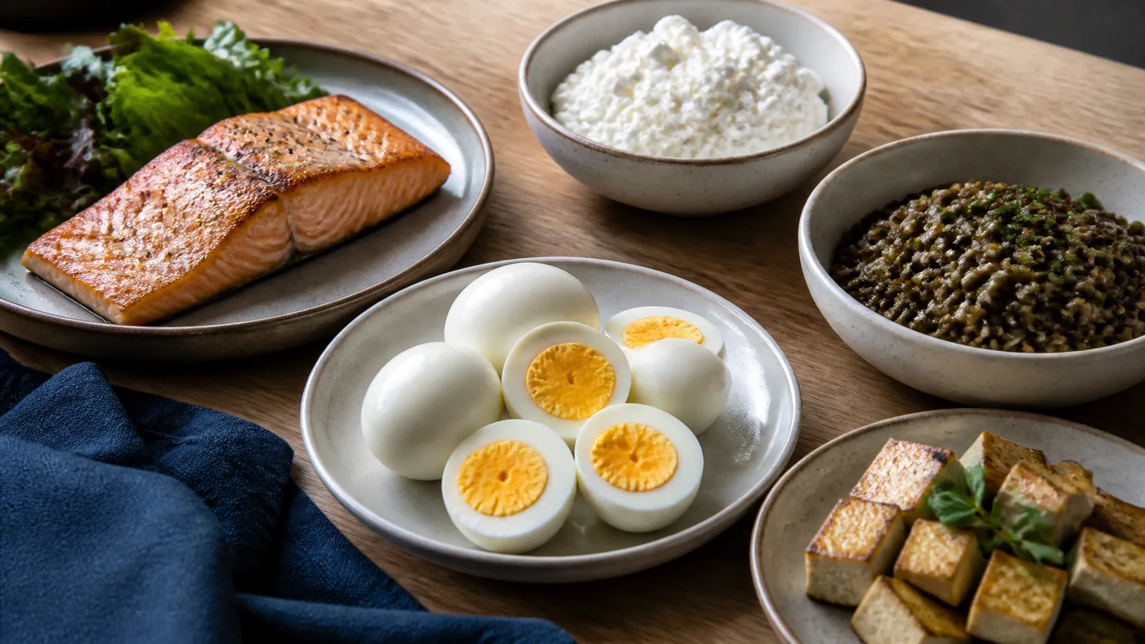 Photoreal editorial overhead still life of high-protein foods — a grilled salmon fillet, boiled eggs, cottage cheese